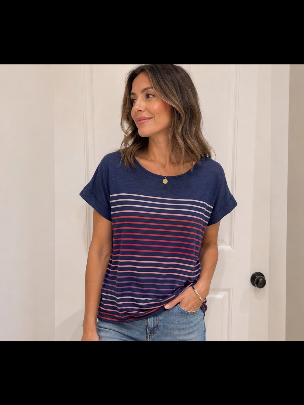 Shenanigans Women's Striped Short Sleeve Tee - Blue and Red